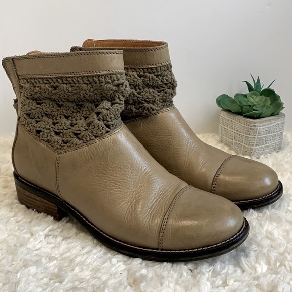 LATIGO Carly tan taupe Brown Leather Knit Crochet booties ankle Boots - Picture 1 of 10